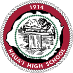 Kauai High School circular seal logo with 1914 date and mountain waterfall illustration.